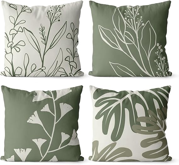 Kit 4 Capas de Almofadas Decorativas 45x45 - Folhas Verde Minimalista