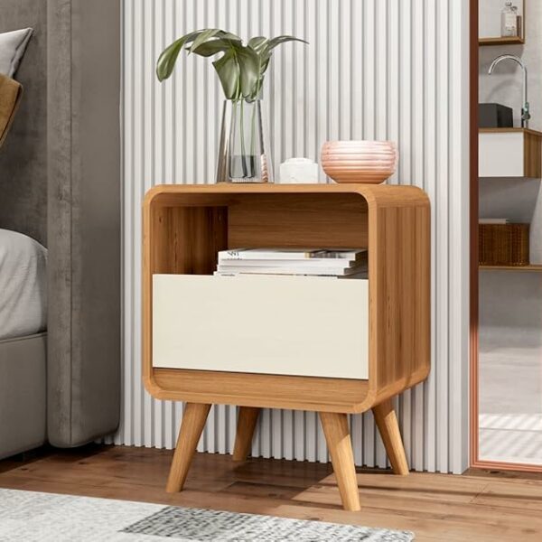 FabriMoveis Mesa de Cabeceira Retrô Compacta 1 Gaveta 1 Nicho Channel - Altura: 57cm, Largura: 45cm e Profundidade: 35cm - Nature Off White