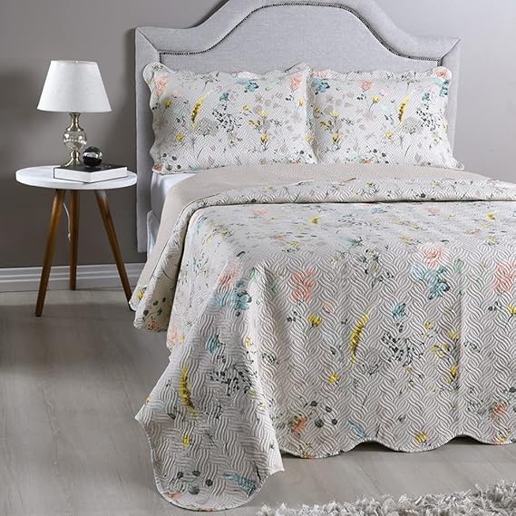 Kit Cobre Leito Colcha Queen 3 Peças Boutis Estampada Dupla Face Porta Travesseiro Aba Americana