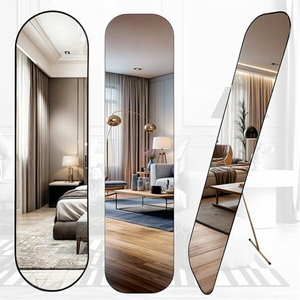 Espelho Chão Suporte Parede Grande Decorativo Moldura Corpo Inteiro Vintage Retro Luxo Oval Cantos Arredondados Retangular Quarto Closet Sala Jantar Loja Provador 146x36 cm (Preto - Retangular)
