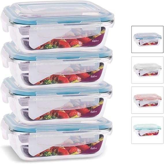 KIT 4 Potes de Vidro Retangular com Tampa Hermética 640ml