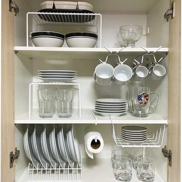 Kit Organizador para Cozinha Armário Prateleira Aramado Armazenamento Xícaras Porta Pratos Cesto 7 Un - Branco