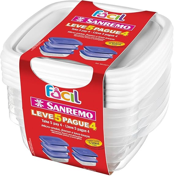 Sanremo - Conjunto de 5 Potes Plástico Hermético de 530 ml, Linha Fácil