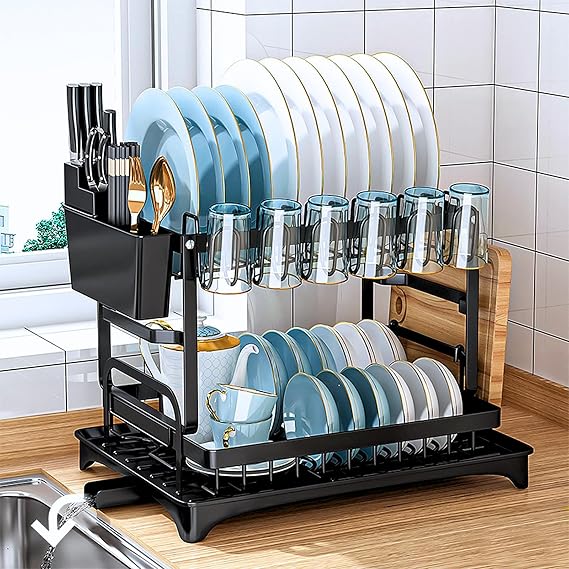 Escorredor de Louça Completo em Aço Carbono Organizador Escorredor de Pratos Inox, Suporte para Talheres, Copos, Tábuas, Facas e Bandeja de Drenagem de Água